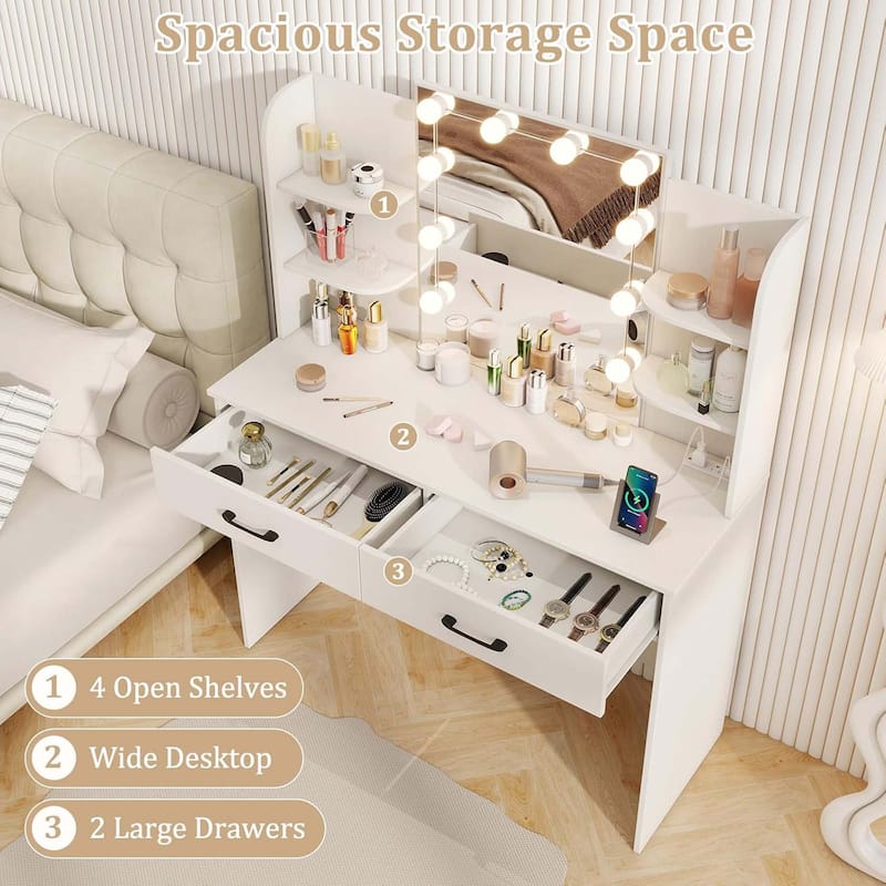 Makeup Vanity Desk Dressing Table & Stool Set w/ Lighted Mirror