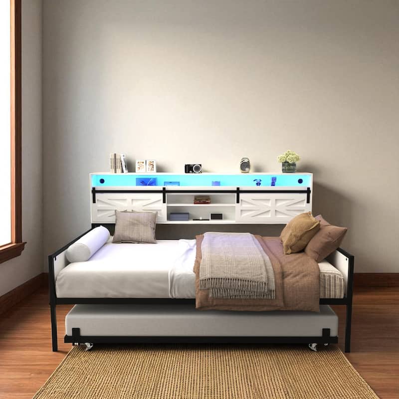 Twin Daybed with Trundle, Farmhouse Barn Door Headboard, Storage Shelf, Charging Station & LED Lights - Glossy White - Twin