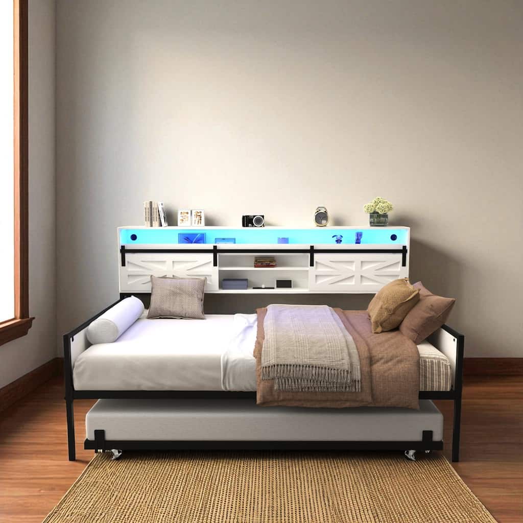 Twin Daybed with Trundle, Farmhouse Barn Door Headboard, Storage Shelf, Charging Station & LED Lights