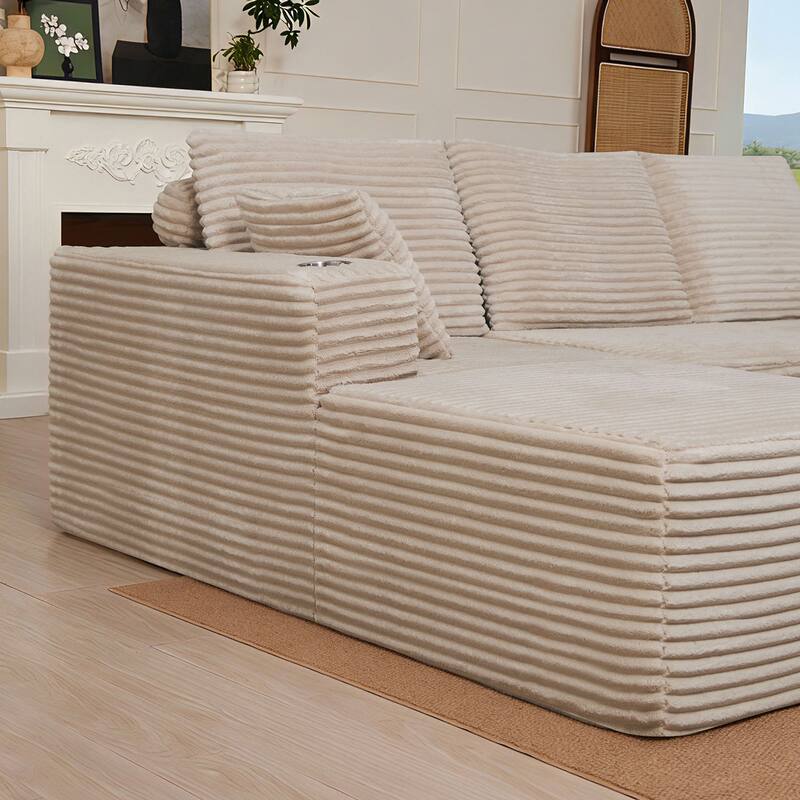 102.76" Corduroy Cloudy L Shaped Sofa with Headrests