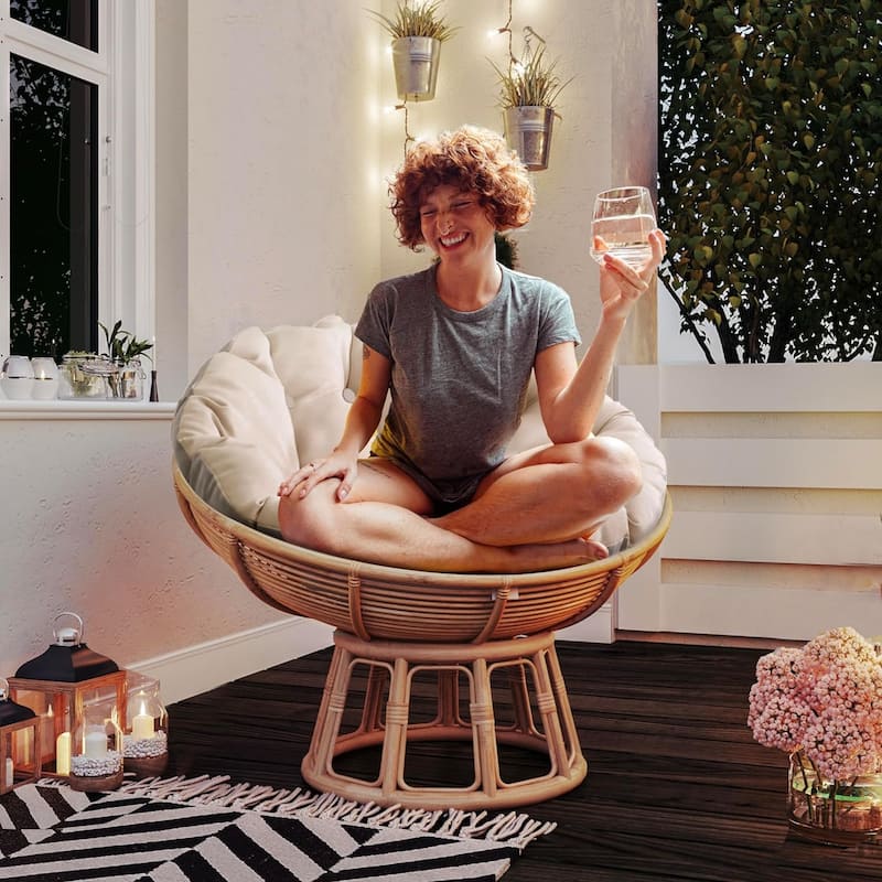 WOWMAX Papasan Chair Cushion Only with Ties Thick Round Cushion Ivory (No wooden base or chair) - Ivory