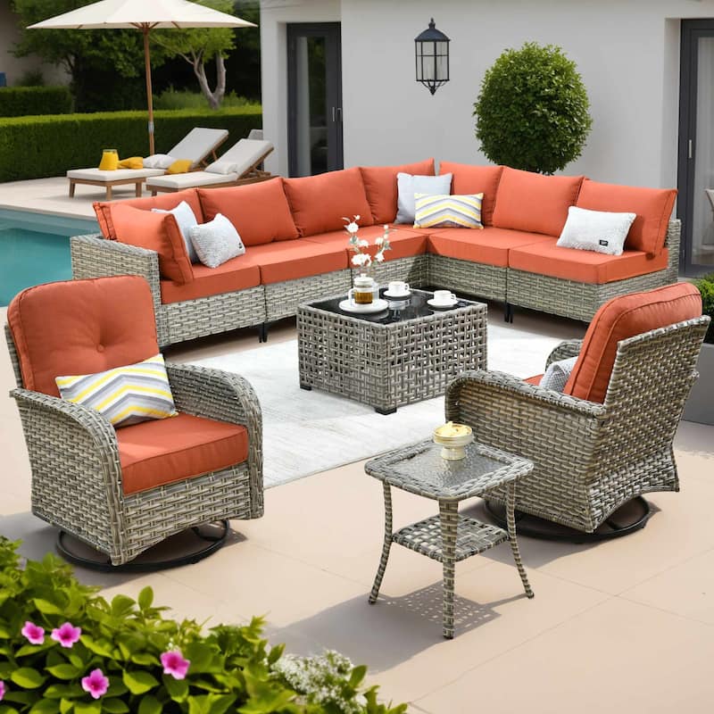 OVIOS 10 Pieces Outdoor Wicker Swivel Chair Set With Solar-Powered Coffee Table - PitOrange/Red
