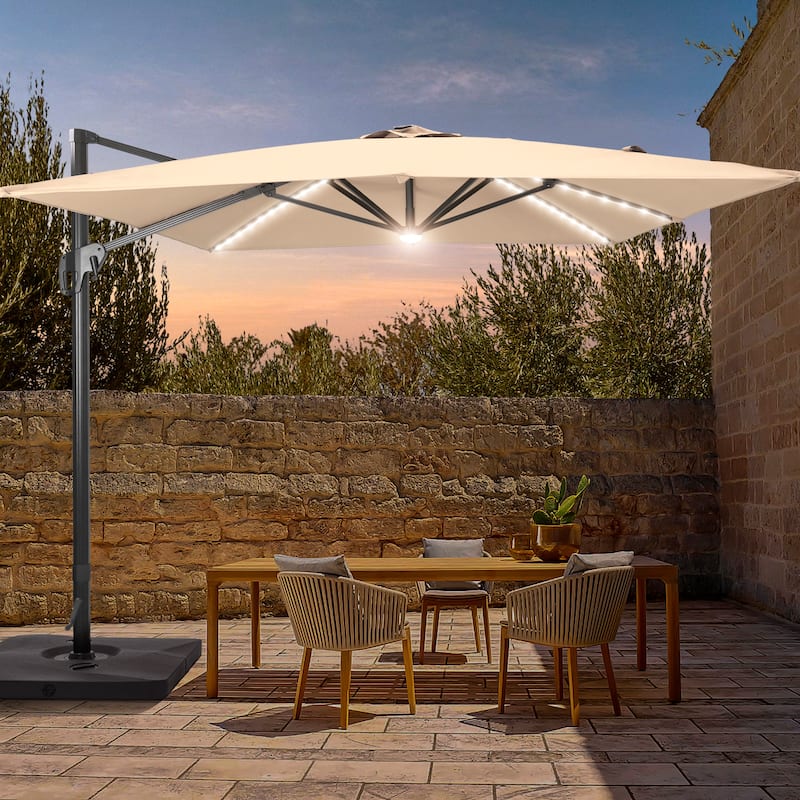 LIVOOSUN 11.5x9FT LED Cantilever Patio Umbrella Solution-Dyed Fabric w/Base - Beige