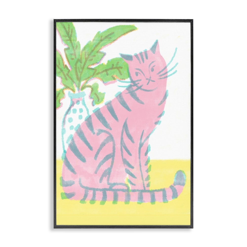 Stupell Modern Pink Cat & Plant Framed Giclee Art Design By Hannah Moren