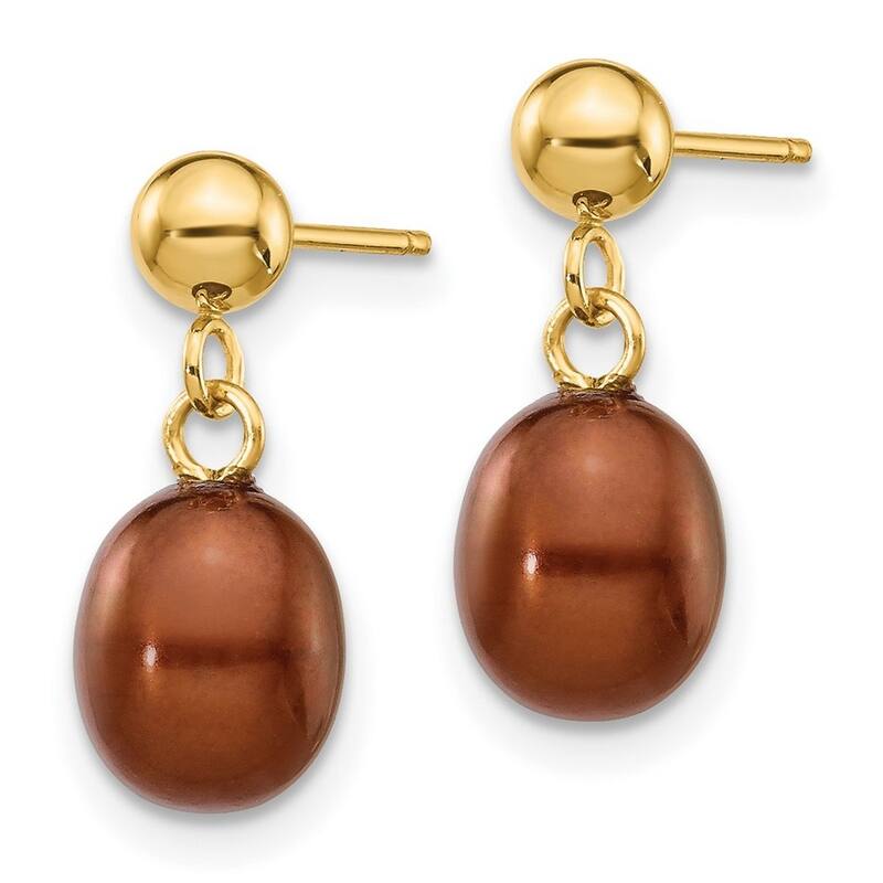 Curata 14k Yellow Gold 6-6.5mm Brown Freshwater Cultured Pearl Dangle Earrings 14x6.5mm