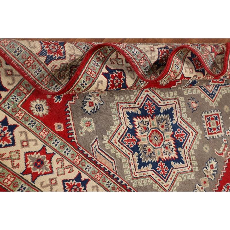 Geometric Kazak Oriental Area Rug Handmade Grey Wool Carpet - 5'0" x 6'6"