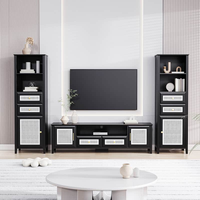 Black Rattan TV Stand Sets with TV Console and 2 Tall Cabinets - 102.10" x 15.70" x 63.00"