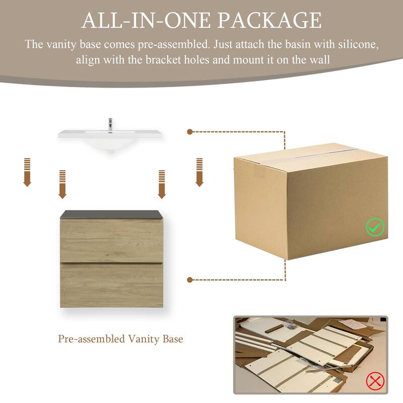 24" Floating Bathroom Vanity with Sink, Wall-Mounted Storage Cabinet with Solid Surface Basin & Soft-Close Drawers