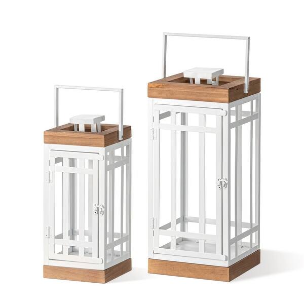 Glitzhome Set of 2 Modern Decorative Lanterns Square Metal Hanging Candle Holders Indoor Outdoor - Bed Bath & Beyond