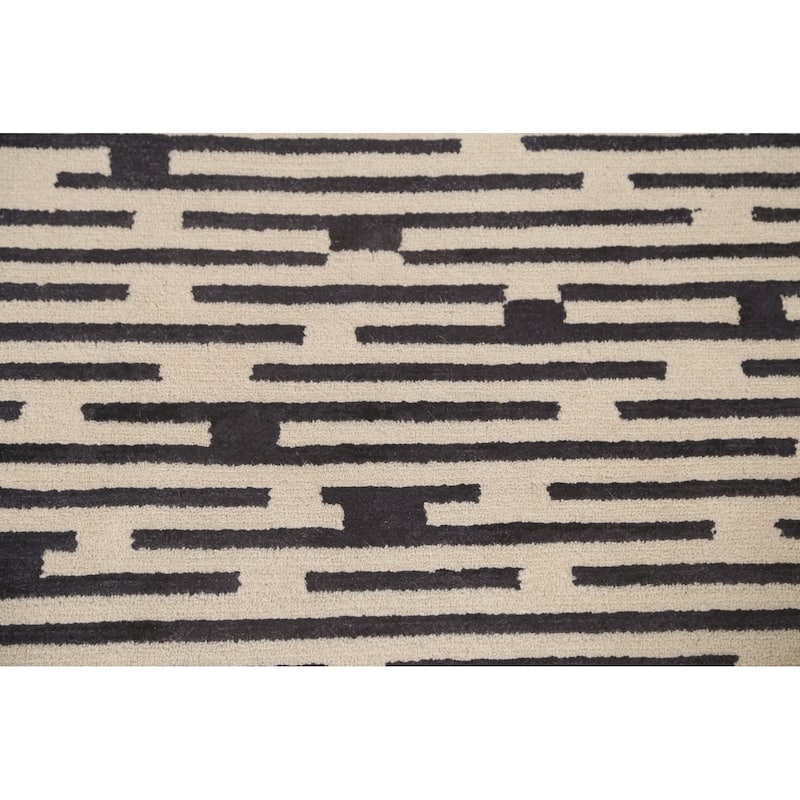 Striped Beige Nepalese Indian Area Rug Hand-Knotted Wool Carpet - 9'0" x 11'8"
