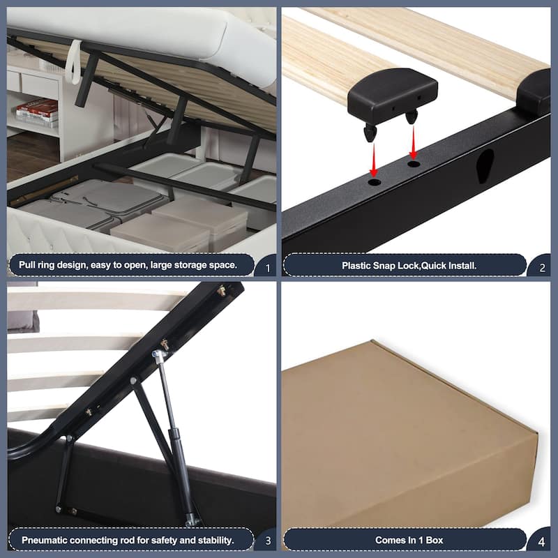 Queen Liftup Storage Bed w/ Hidden Underbed Oversized Storage, Beige