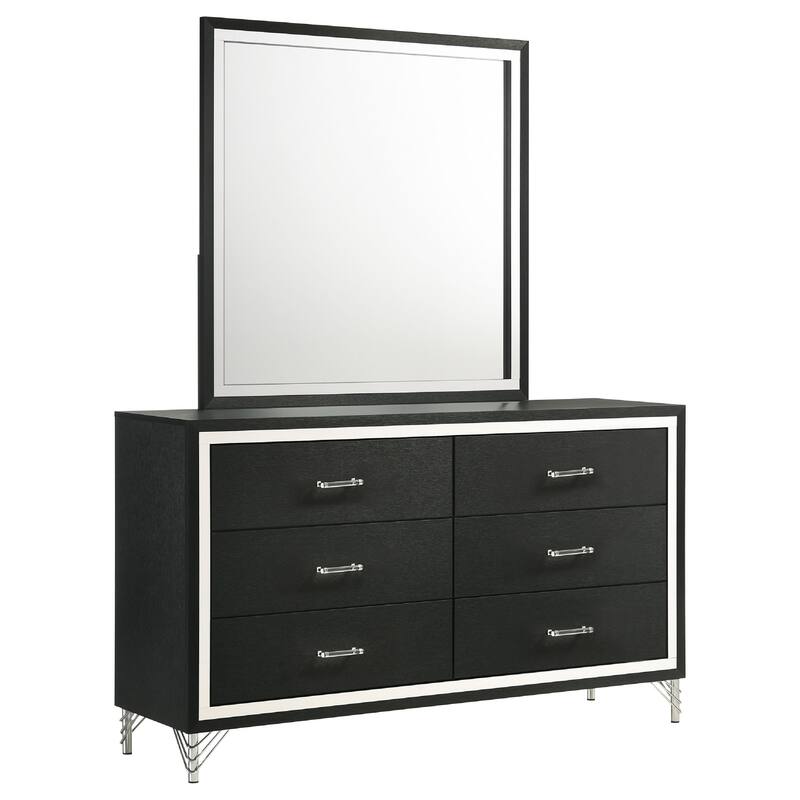 Jenny Wide Dresser with Mirror, Retro Modern Chrome Legs, Black