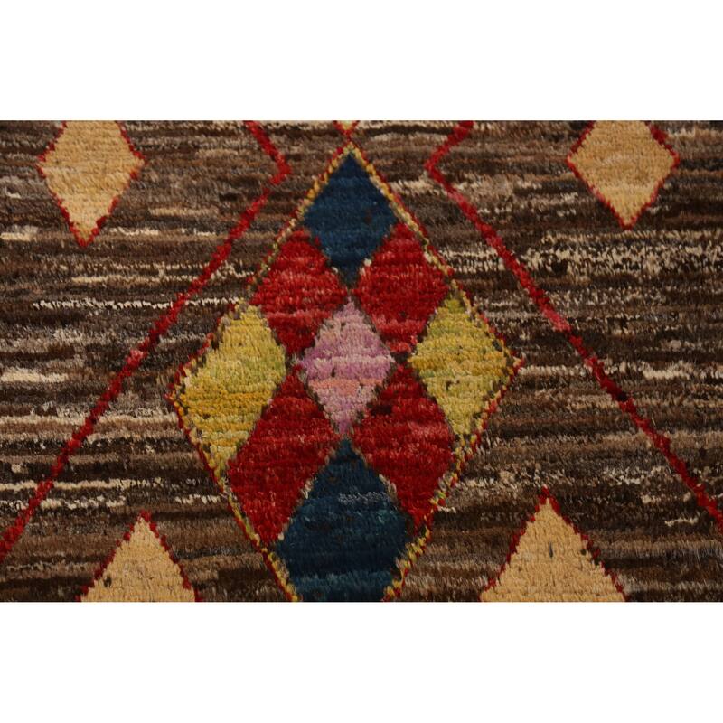 Brown Geometric Moroccan Oriental Runner Rug Handmade Wool Carpet - 2'11" x 9'8"