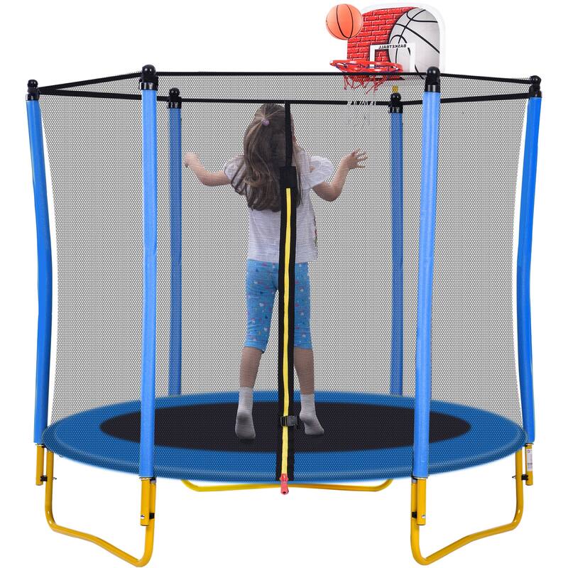 Trampoline Outdoor & Indoor Mini Toddler Trampoline with Enclosure, Basketball Hoop and Ball Included - Blue