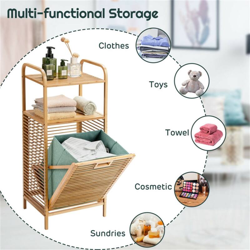 Wicker Bathroom Shelf with Removable Laundry Basket 2-Tier Storage Organizer - 16" × 12" × 38" (L × W × H)