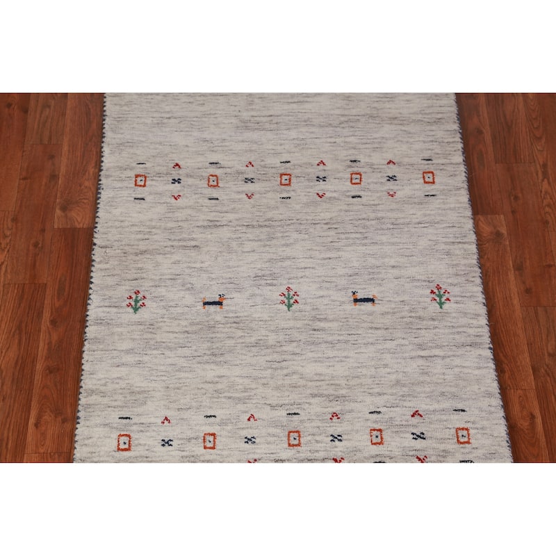 Hand Knotted Oriental 100% Wool Carpet Tribal Animal Pictorial Beige & Ivories Gabbeh Runner Rug - 9' 10'' X 2' 7''