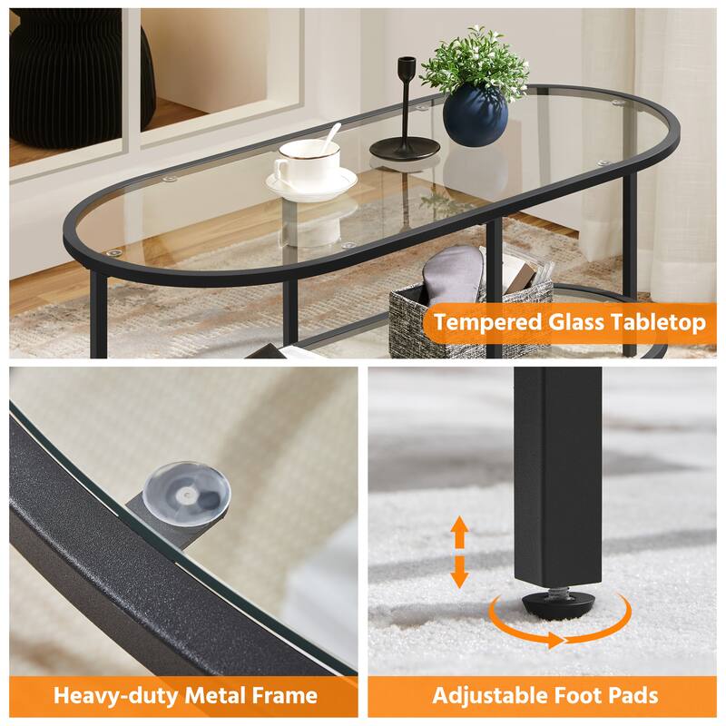 Yaheetech Modern Double-layer Oval Coffee Table with Clear Glass and Storage Space