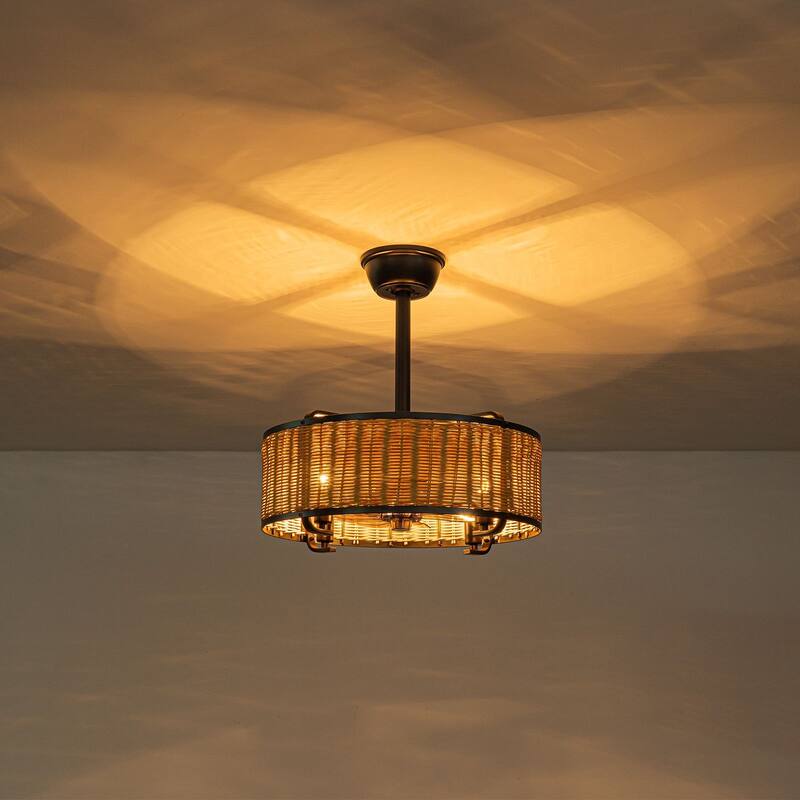 18.5 in. Farmhouse Rattan Ceiling Fan Chandelier with Remote - Black