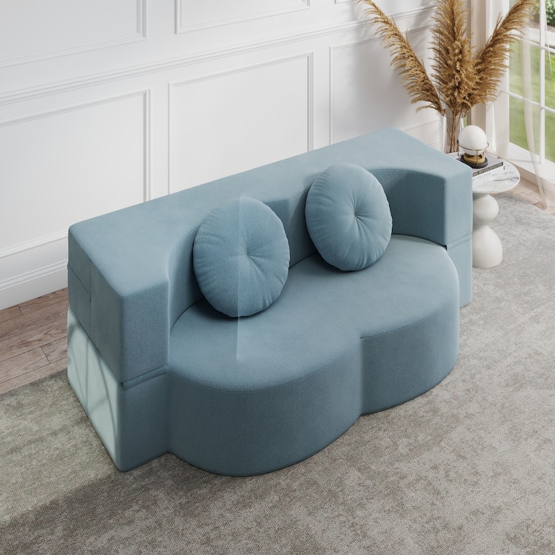 Modern Floor Sofa with 2 Pillows, Convertible Plush Corduroy Foam-Filled Sleeper Sofa Bed, 14.2" Full Size Folding Mattress