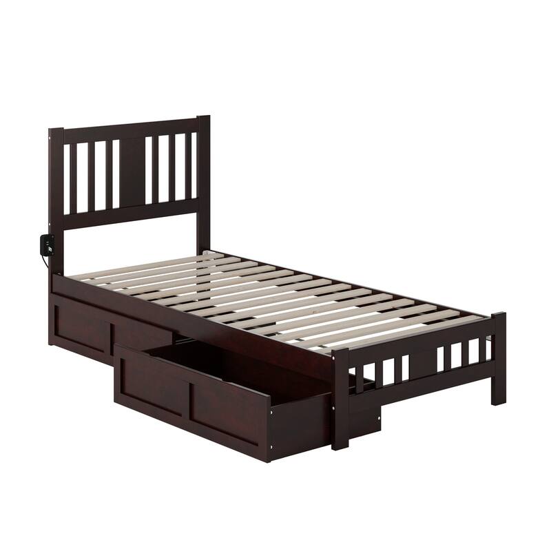 Beauty Twin Bed with Footboard & Drawers - Espresso Solid Wood, No Foundation Needed, Turbo Charger Included
