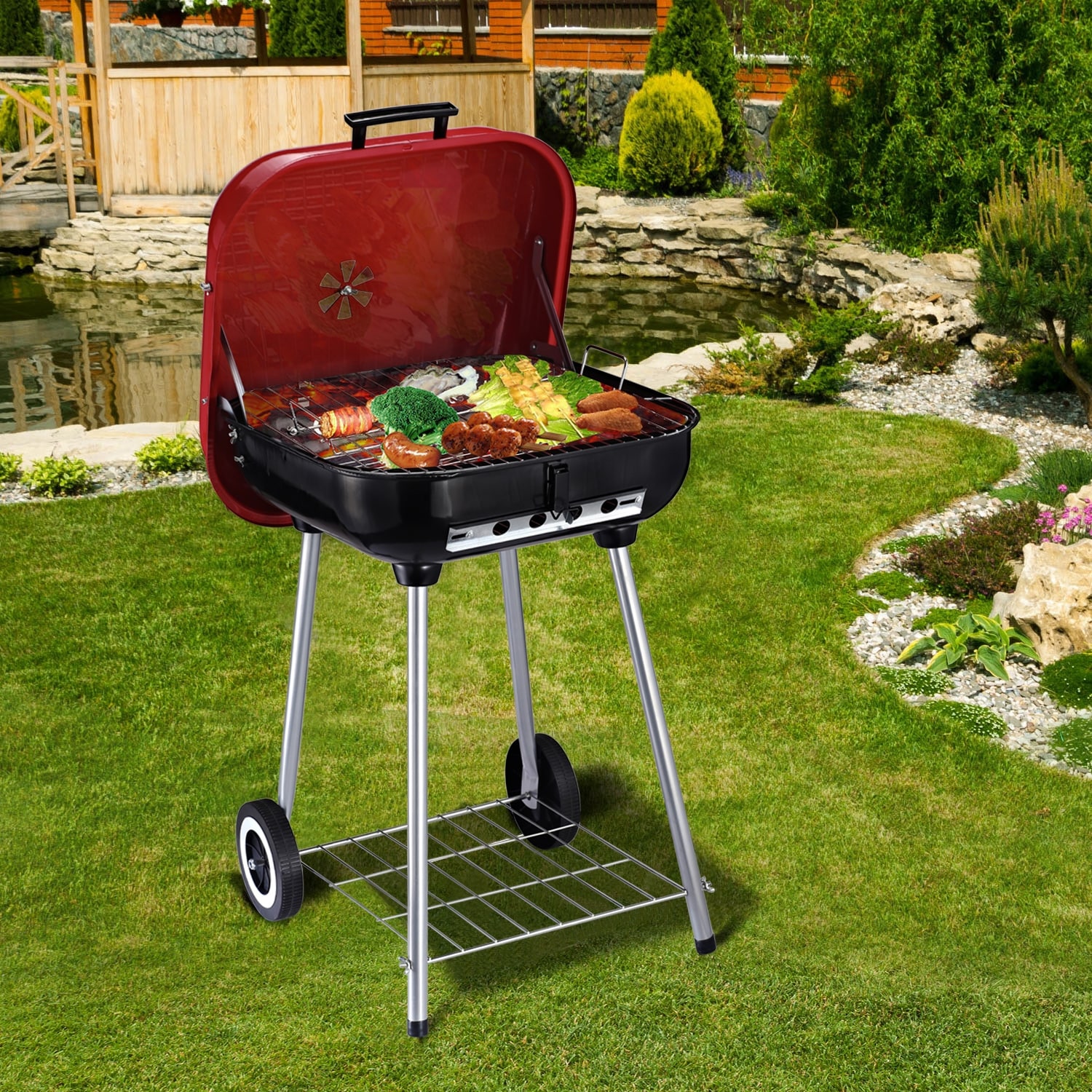 Outsunny Steel Porcelain Portable Outdoor Charcoal Barbecue Grill with Wheels