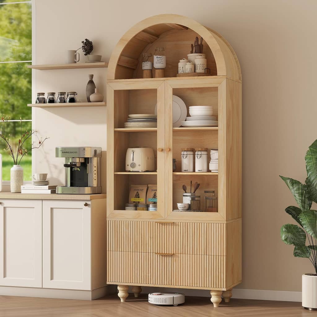 71" Tall Arched Pantry Cabinet with Glass Door with Shelves and Large Drawers