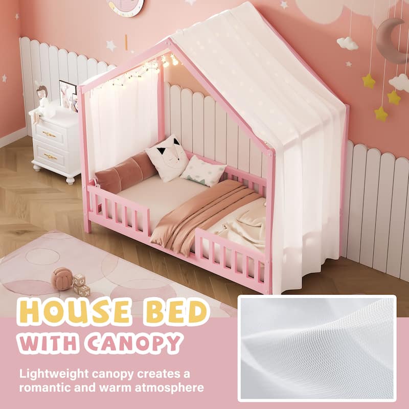 Montessori Bed, House-shape Frame Platform Bed for Kids Toddler, Wood House Daybed with High Railings and Roof, Canopy Bed Frame