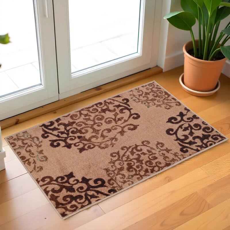 Superior Amber Floral Scroll Non-Slip Washable Indoor Runner or Area Rug - 2' x 3' - Camel