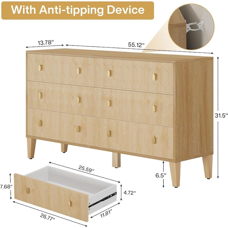 6 Drawer Wooden Dresser Storage Cabinet with Metal Legs Brown Modern Organizer for Bedroom Living Room Hallway