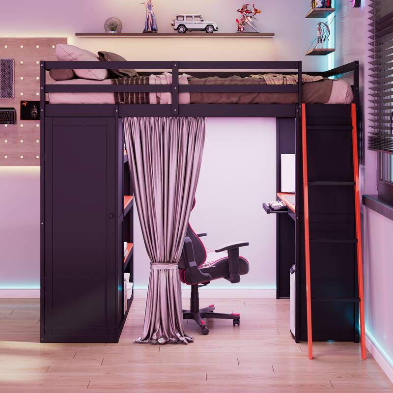 Full Size Wood High Loft Bed, All-in-One Loft Bed Frame with Wardrobe, Shelves, Desk, Charging Station, Curtains and RGB Lights - Black+Red - Full