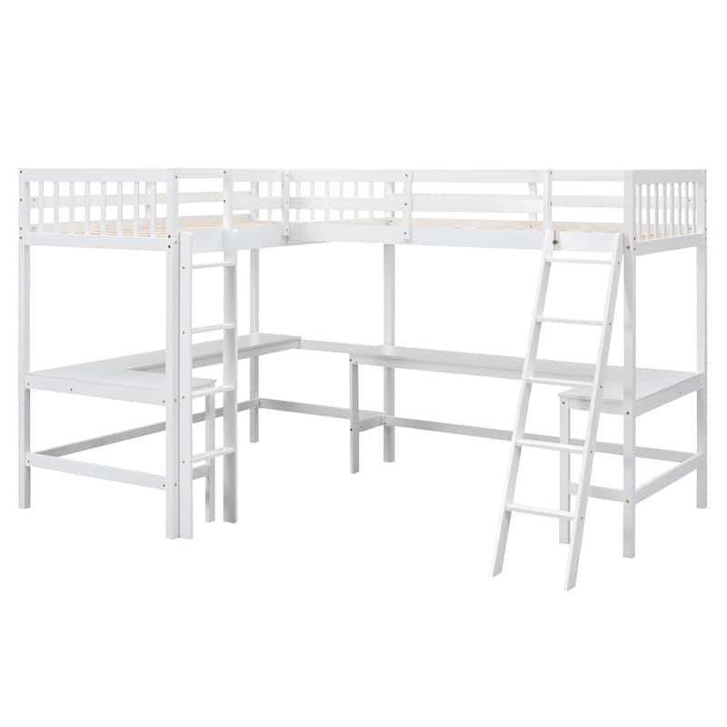 Roomfitters L-Shaped Twin Loft Bed with Ladder Access and Two Built-in Study Desks