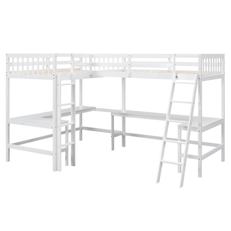 Twin L-Shaped Loft Bed with 2 Built-in Desks and Ladder, Space-Saving Wood Frame