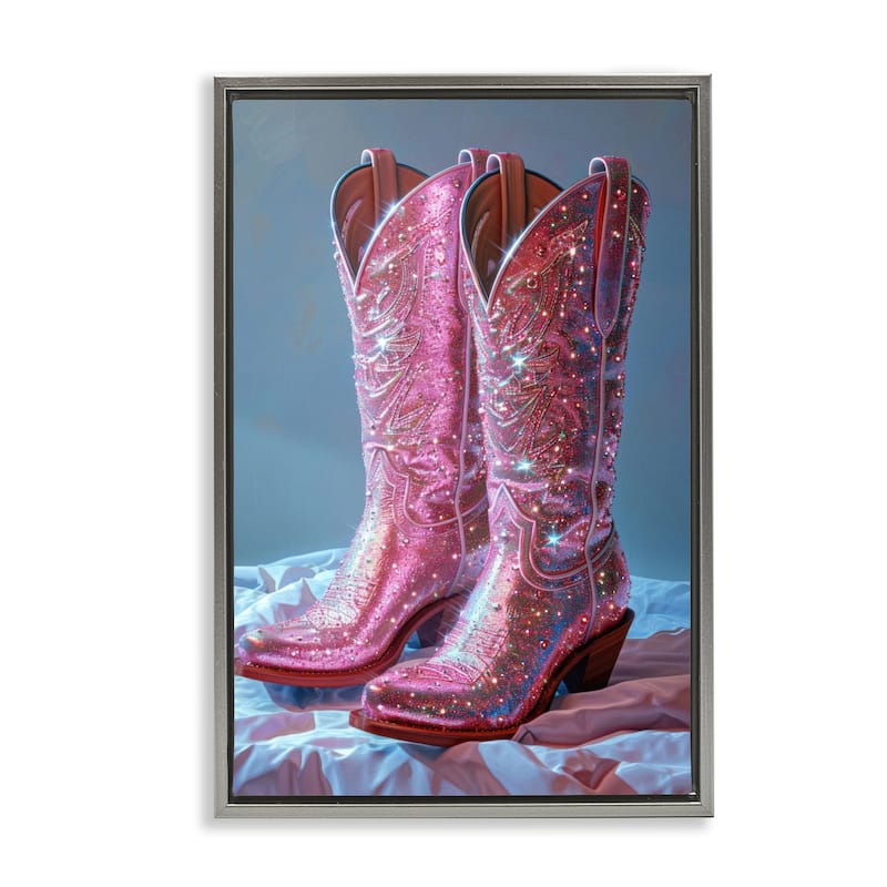 Stupell Dazzling Pink Glam Cowgirl Boots Framed Floater Canvas Wall Art Design By LSR Creative Studio - 21 x 31 - Grey