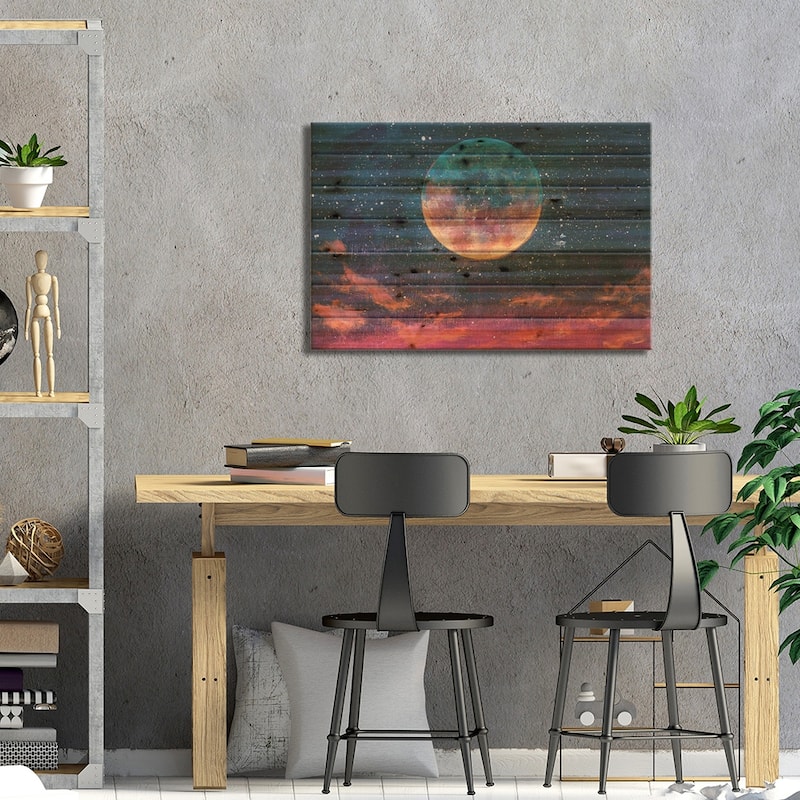 Moon Among Stars In Universe Print On Wood by Valery Rybakow - Multi-Color