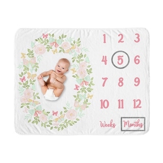 Butterfly Floral Rose Girl Baby Monthly Milestone Blanket - Blush Pink Mint White Shabby Chic Watercolor Boho Butterflies Garden