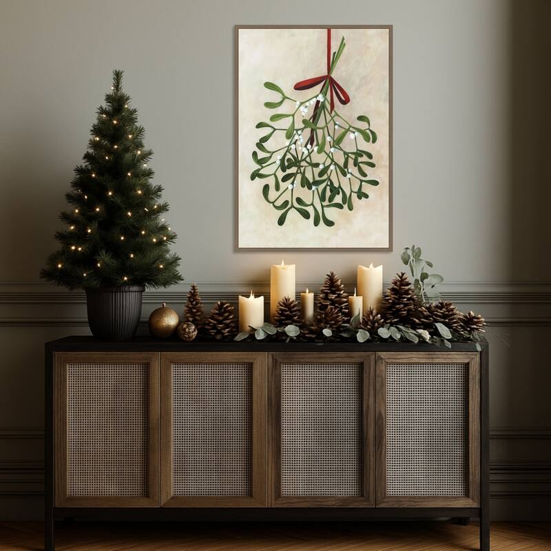 Mistletoe bouquet with bow by Rosana Laiz Blursbyai (23 x 33 in.), Framed Canvas Wall Art Print - Sylvie Dark Gold