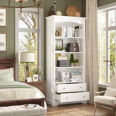 4-Tier Bathroom Cabinet 2 Drawers Stylish Storage, White Book Storage