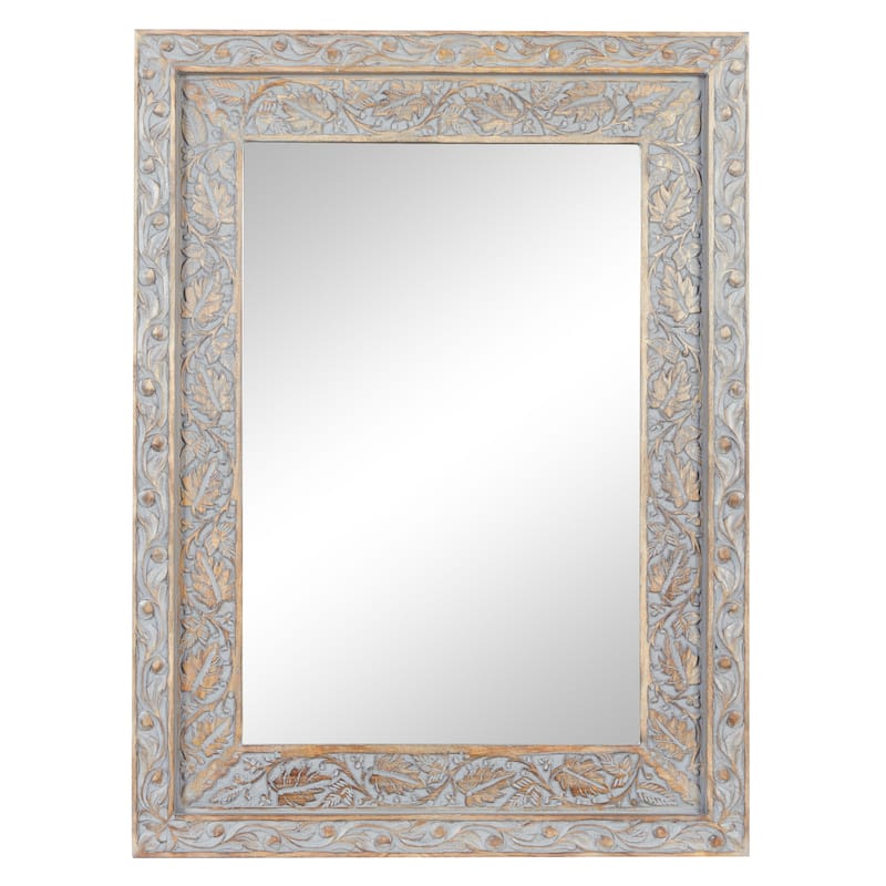 Wood Floral Handmade Intricately Carved Wall Mirror - Gray - Roche River Decor - 3"W x 36"L x 48"H