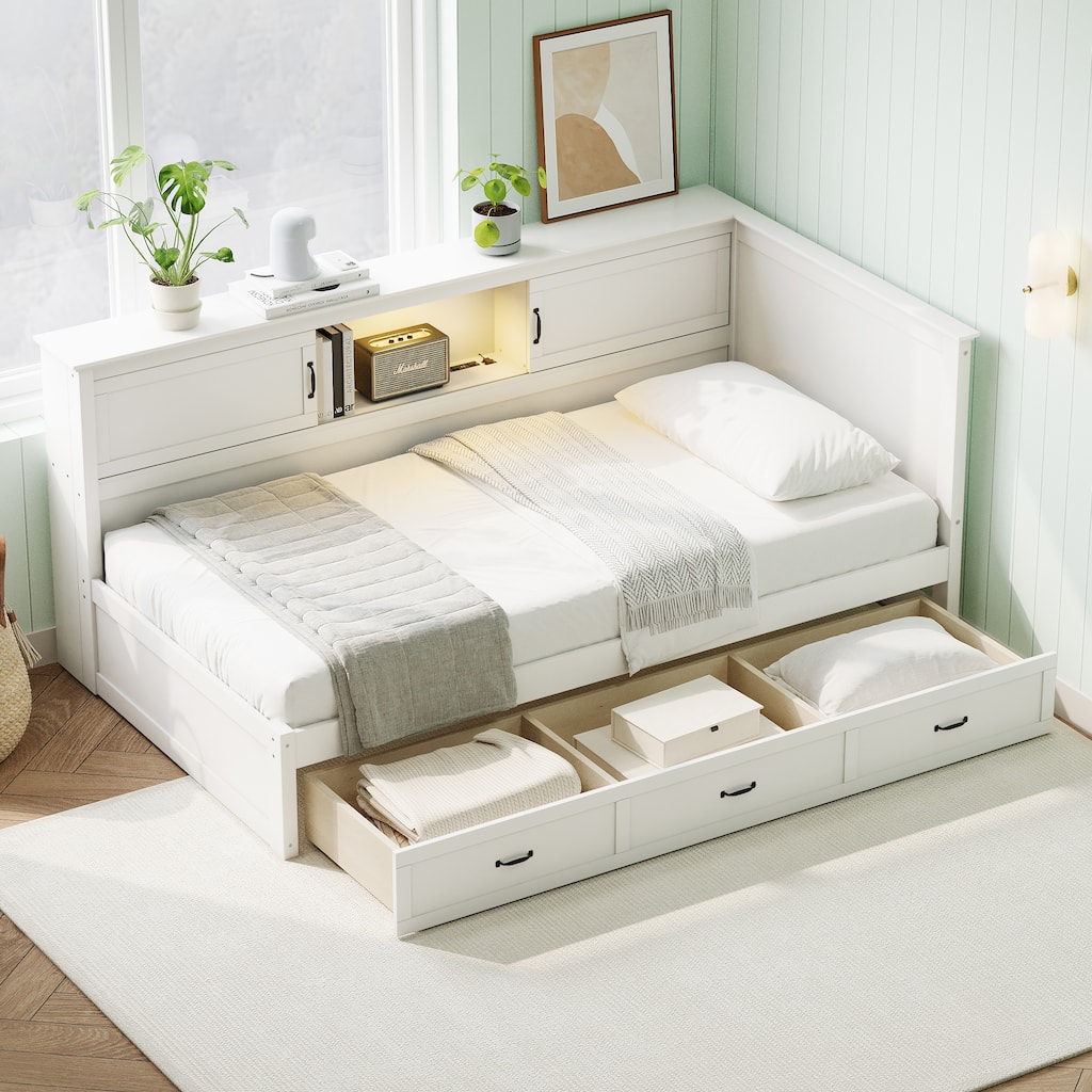 Full Size Daybed Frame Platform Daybed with Storage Bookcase Headboard & 3 Drawers, Recessed Led Downlight & Charging Station