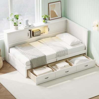 L-Shaped Bookcase Daybed Built-in Storage Cabinets Wooden Captain Bed with Drawer, LED Downlight and USB Port Corner Sofa Bed
