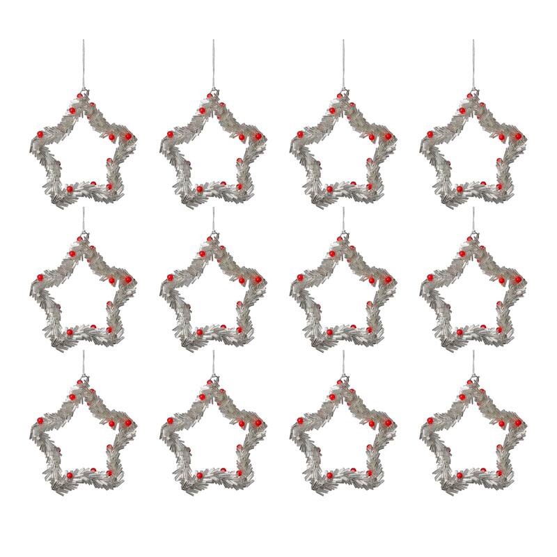 Festive Beaded Christmas Star Hanging Ornaments with Red Berries, Set of 12, 6"