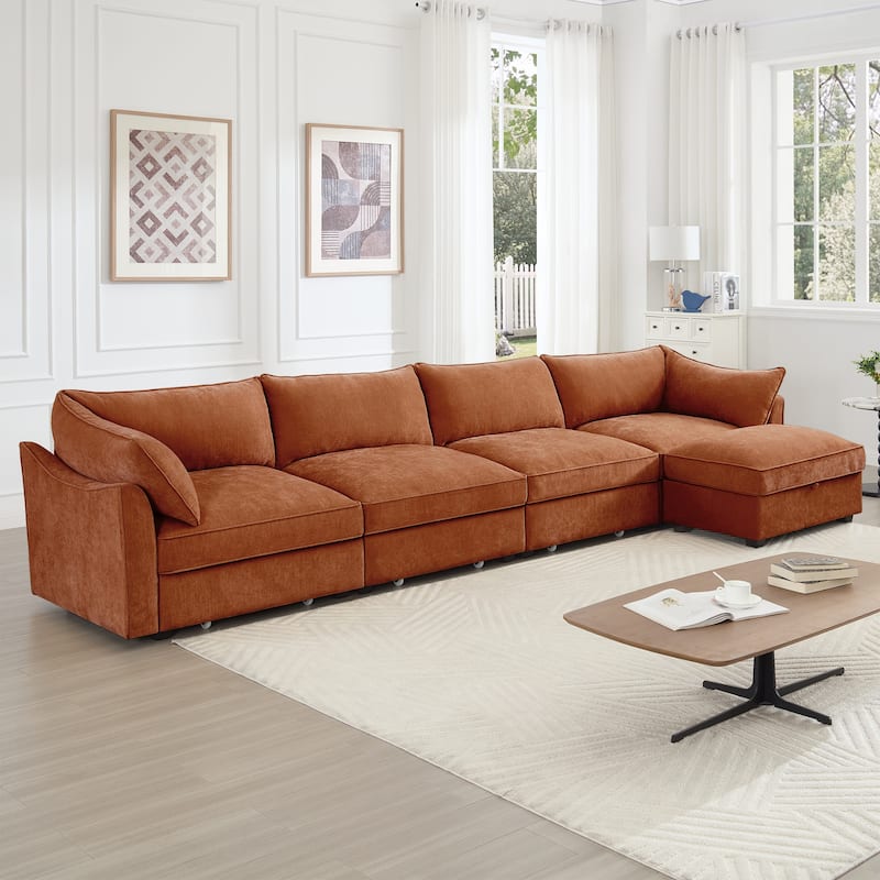 L-Shaped 4-Deep Seater Sectional Sofa Couch with 1 Movable Storage Ottoman & Pull out Drawers Under Each Seat