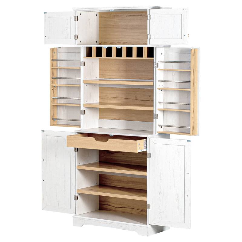 Roomfitters 78" Tall Farmhouse Kitchen Pantry Cabinet with 8 Door Shelves, Wine Rack & Hidden Drawer