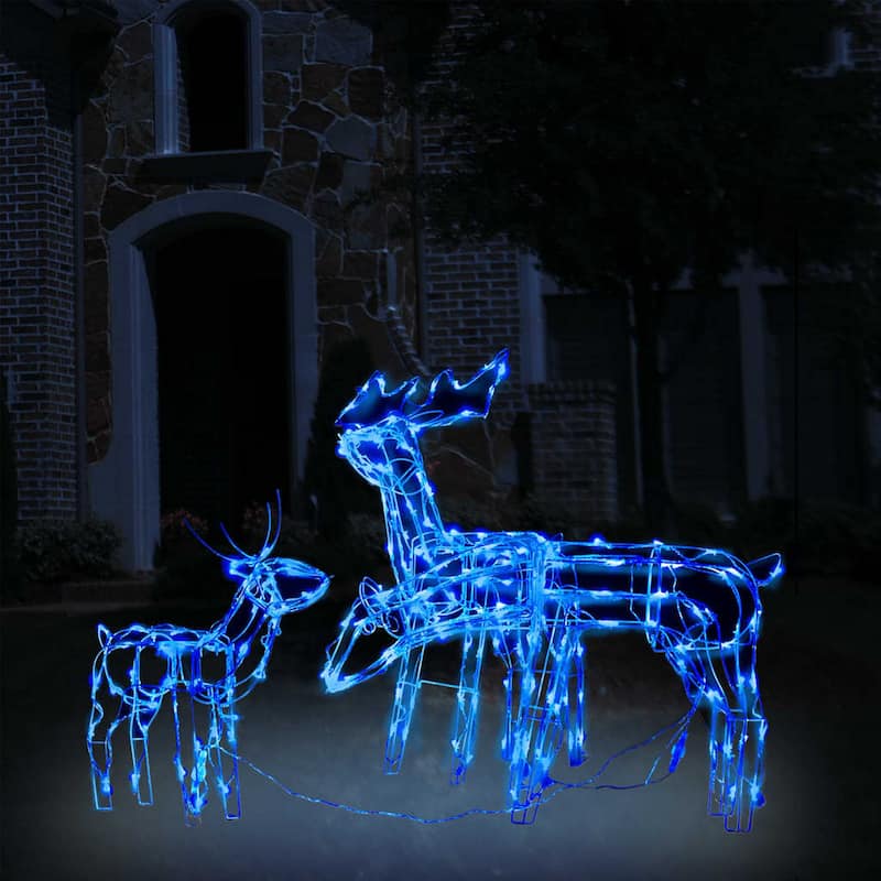 Outdoor 299 LED Lit Christmas Reindeer Family 3pc Set, Blue, Steel - Blue