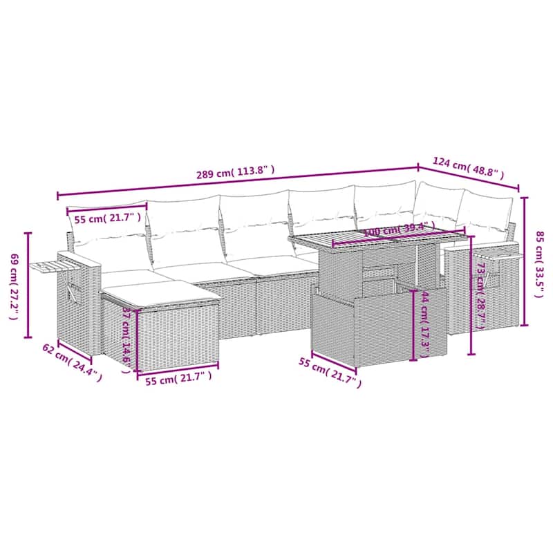 vidaXL Patio Sofa Set with Cushions Outdoor Furniture 8 Piece Poly Rattan