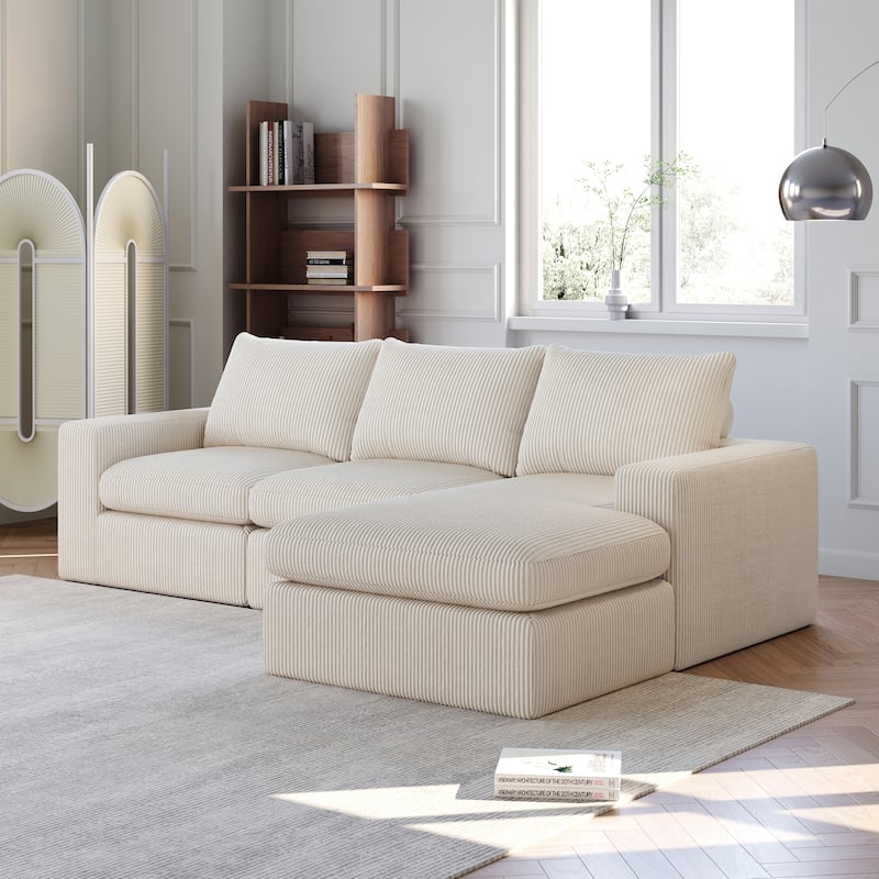 Roomfitters Modern 3-Seater Corduroy Cloud Sectional Sofa with Chaise, L-Shaped Boneless Couch with Pillows