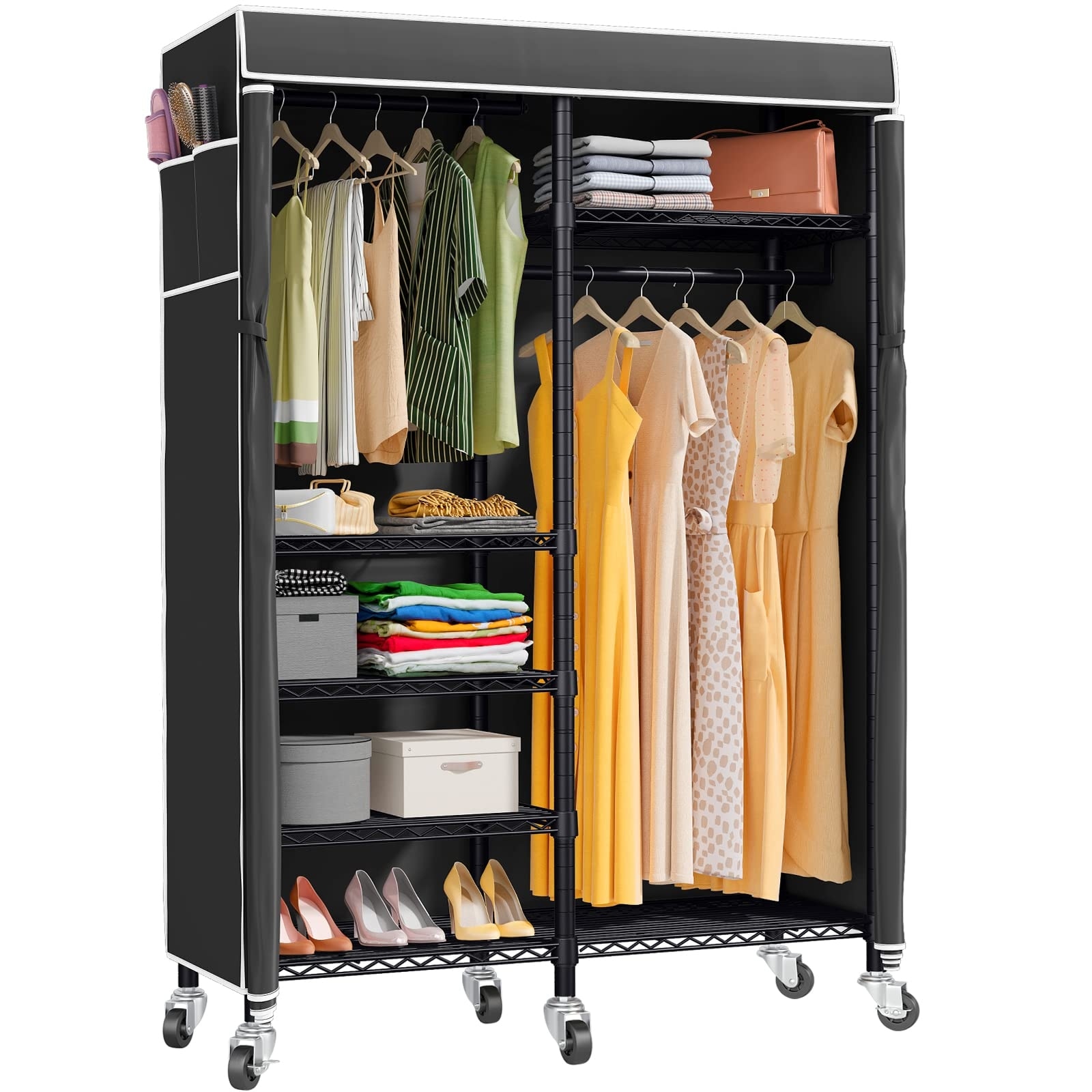 Garment Rack 3 Tiers Heavy Duty Clothes Rack Rolling Free-Standing Clothing  Closet Rack Organizer Storage Shelves with 2 Rods/Lockable Wheels/2 Side