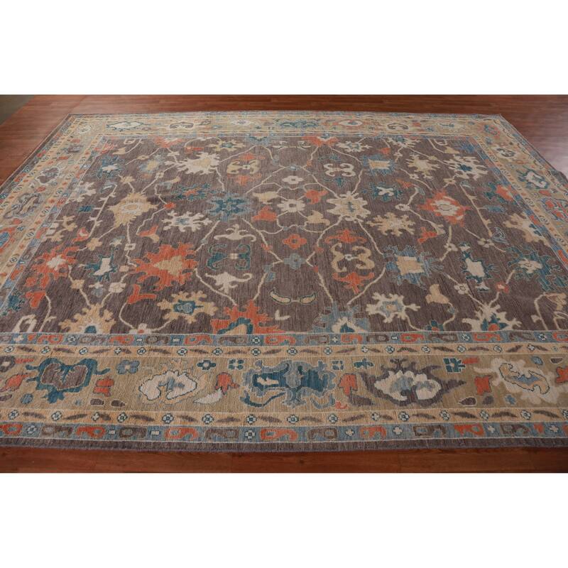 Hand Knotted Oriental 100% Wool Carpet Transitional All-Over Greys & Charcoal Oushak Area Rug - 12' 3'' X 9' 0''