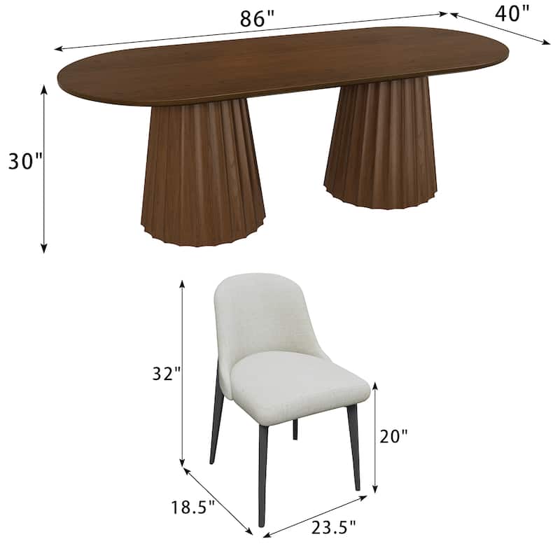 86" Modern Oval Dining Table Set with 8 Upholstered Chairs Textured Wood Top & Dual Pleated Pedestal Base