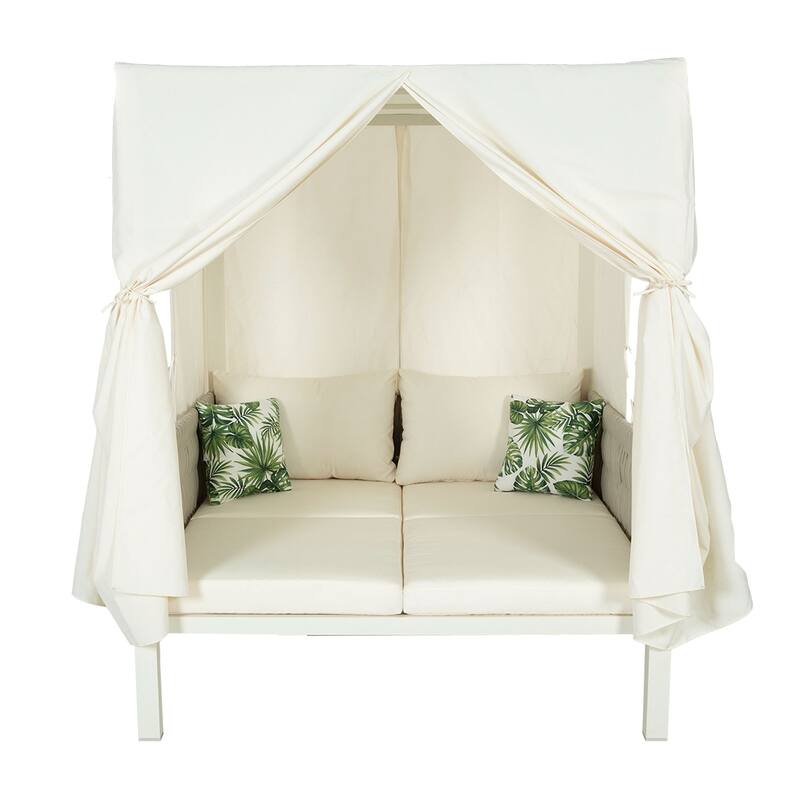 Outdoor Double Daybed Iron Patio Sunbed with Curtains and Removable Cushions